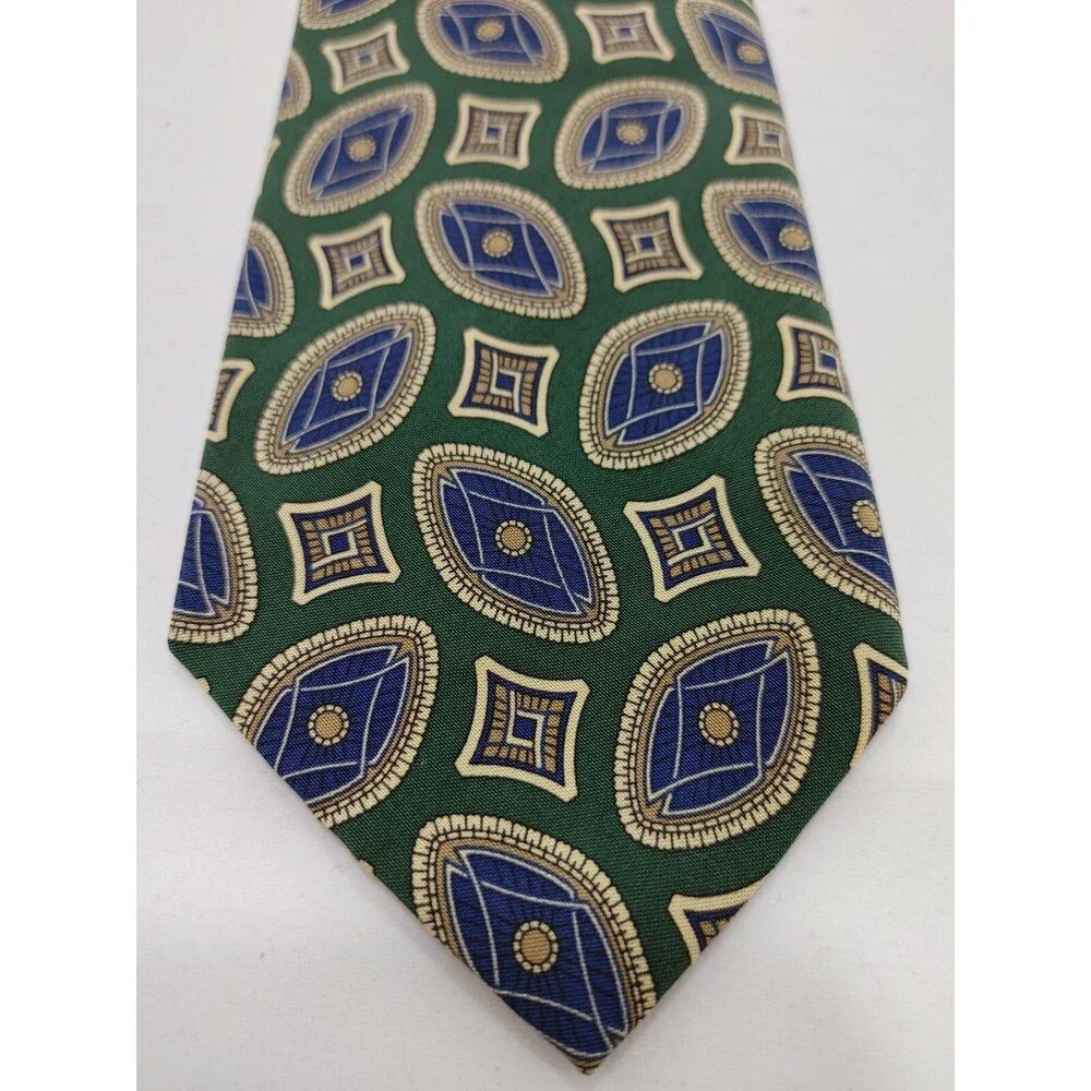 Polo Ralph Lauren Silk Tie Green Blue Medallion Geometric Handmade Italy Classic